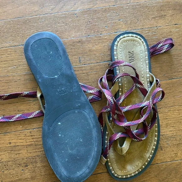 Zara Tan Suede Lace-Up Sandals with Burgundy Straps - Picture 3 of 7